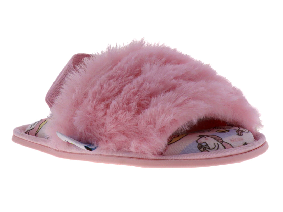 Pantufla rosa peluda para niña con estampado de unicornio en la plantilla.