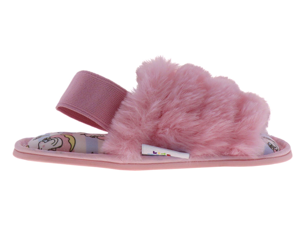 Pantufla rosa peluda para niña con estampado de unicornio en la plantilla.