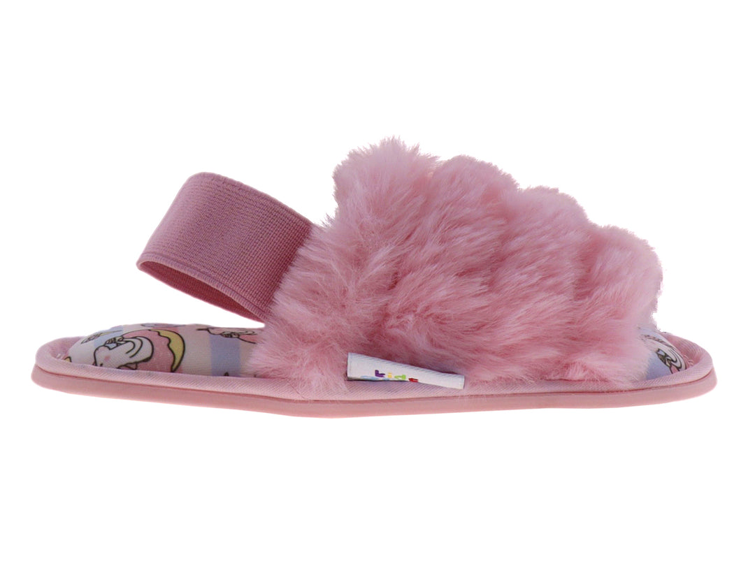 Pantufla rosa peluda para niña con estampado de unicornio en la plantilla.
