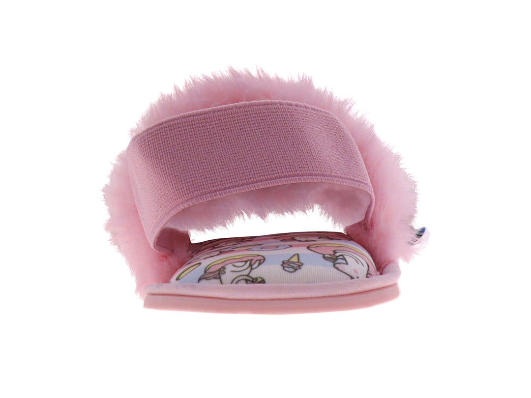 Pantufla rosa peluda para niña con estampado de unicornio en la plantilla.