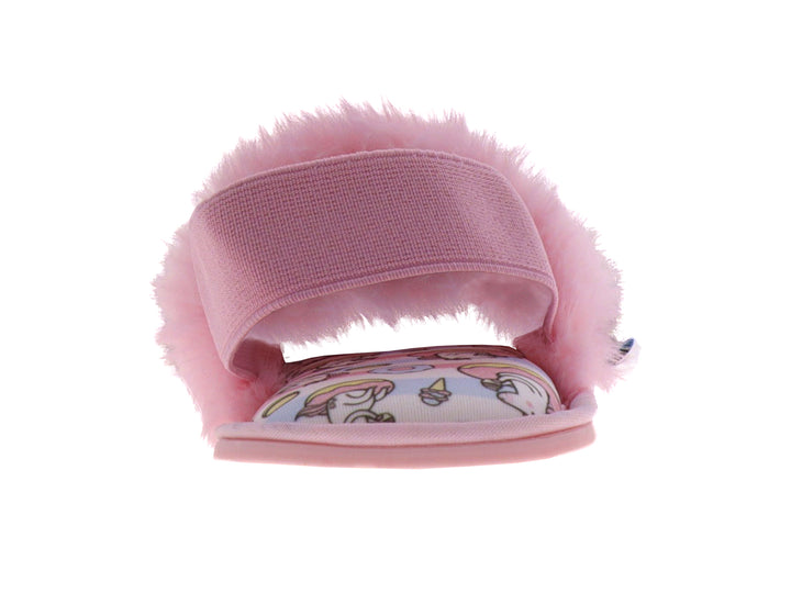 Pantufla rosa peluda para niña con estampado de unicornio en la plantilla.