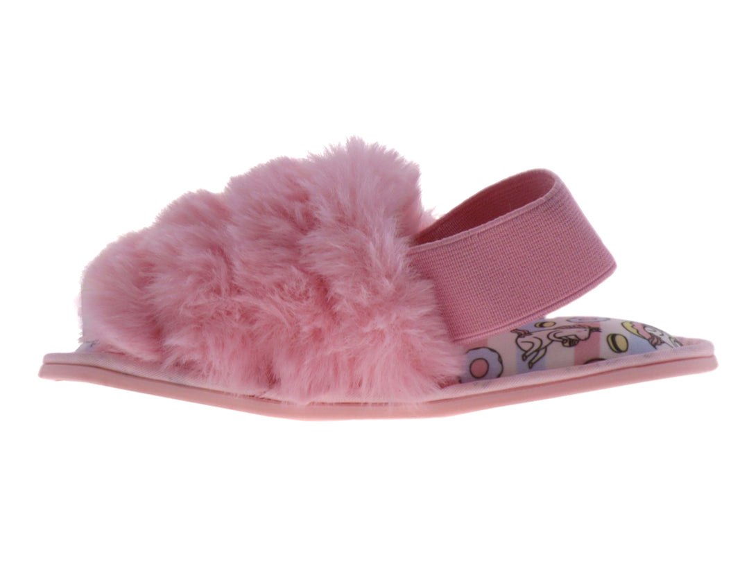 Pantufla rosa peluda para niña con estampado de unicornio en la plantilla.