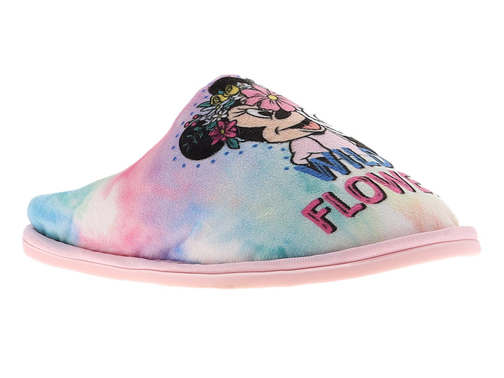 Pantuflas para niña con diseño multicolor tie-dye y estampado de Minnie Mouse con flores.