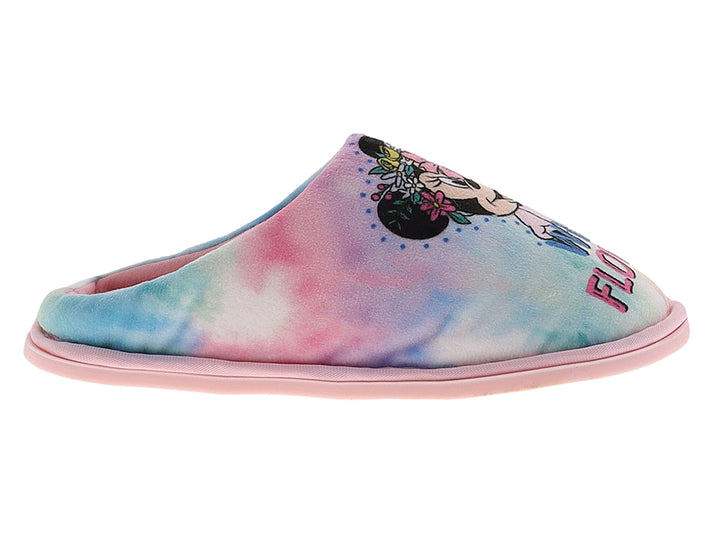 Pantuflas para niña con diseño multicolor tie-dye y estampado de Minnie Mouse con flores.