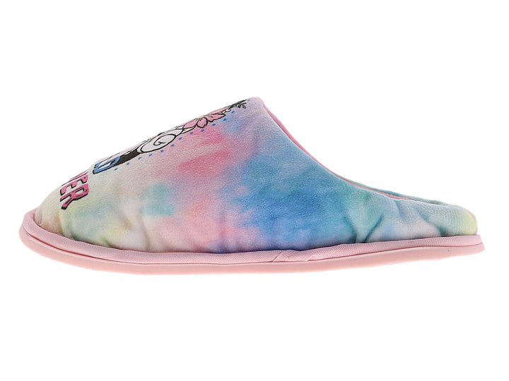 Pantuflas para niña con diseño multicolor tie-dye y estampado de Minnie Mouse con flores.