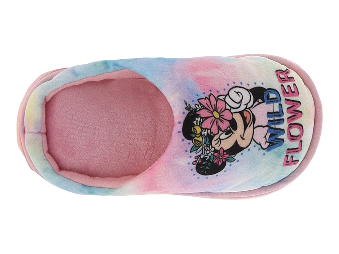 Pantuflas para niña con diseño multicolor tie-dye y estampado de Minnie Mouse con flores.