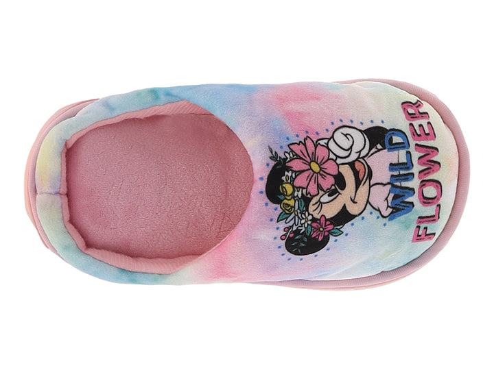 Pantuflas para niña con diseño multicolor tie-dye y estampado de Minnie Mouse con flores.