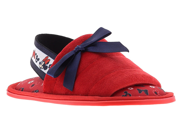 Pantuflas rojas para niña con moño azul marino y detalles de Minnie Mouse.