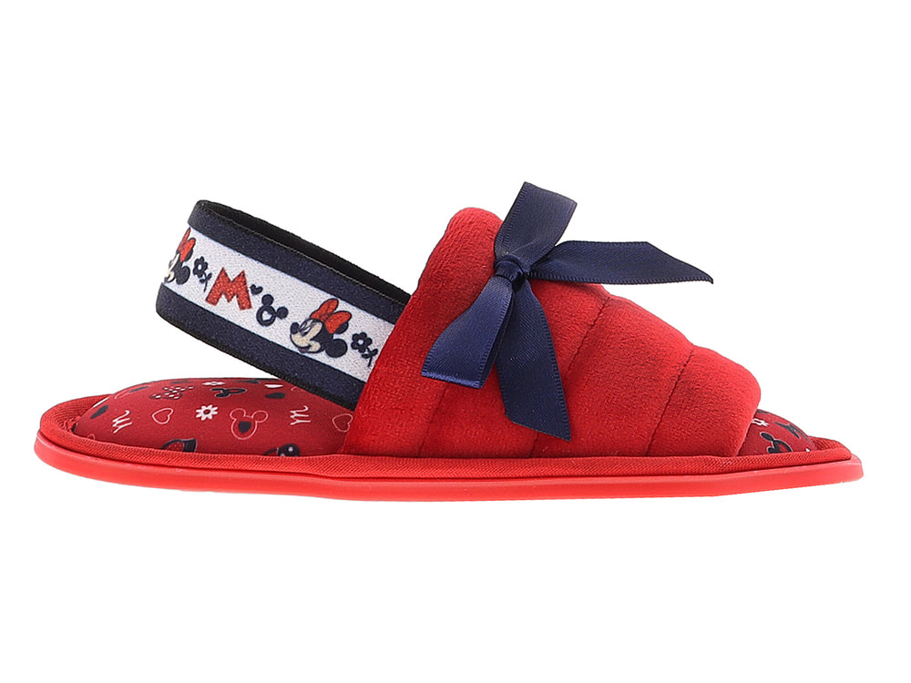 Pantuflas rojas para niña con moño azul marino y detalles de Minnie Mouse.