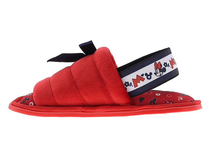 Pantuflas rojas para niña con moño azul marino y detalles de Minnie Mouse.