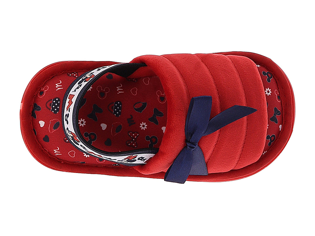 Pantuflas rojas para niña con moño azul marino y detalles de Minnie Mouse.