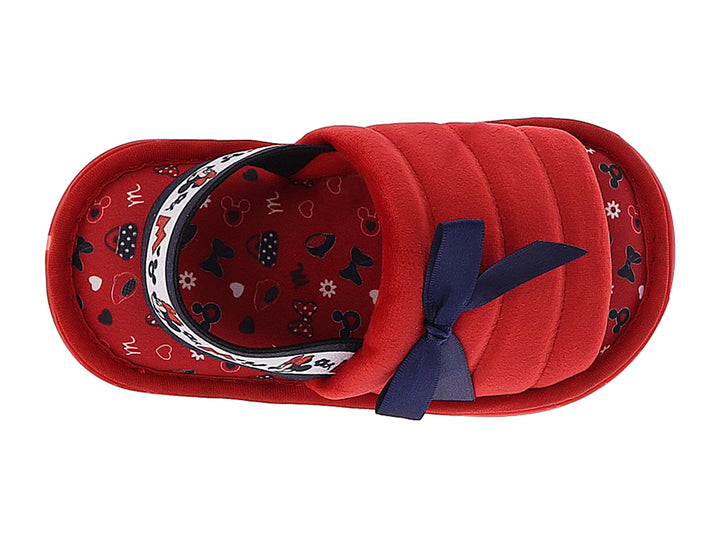 Pantuflas rojas para niña con moño azul marino y detalles de Minnie Mouse.