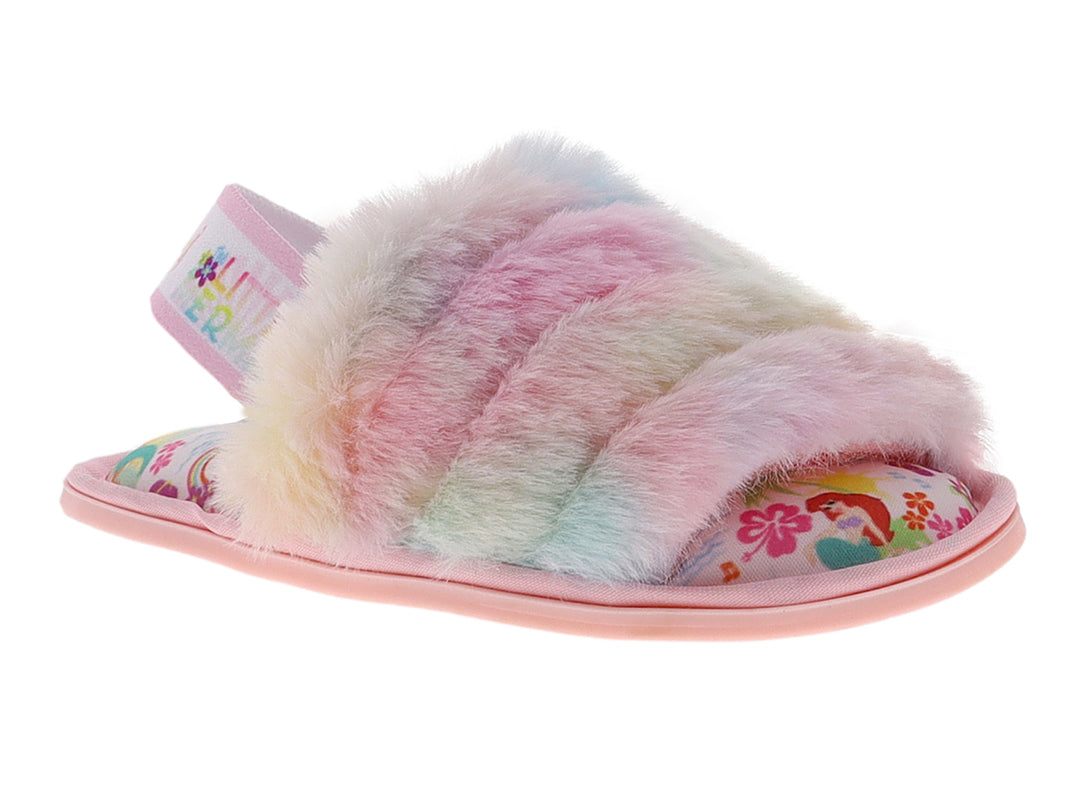 Pantufla para niña multicolor con textura peluda y suela rosa.
