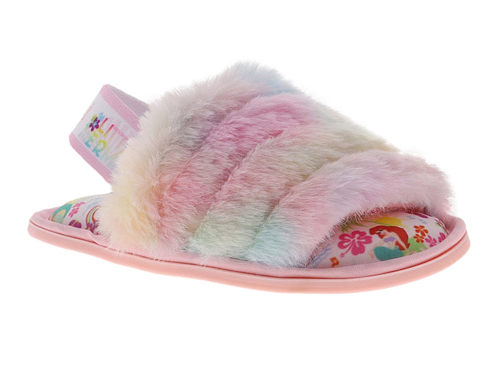 Pantufla para niña multicolor con textura peluda y suela rosa.