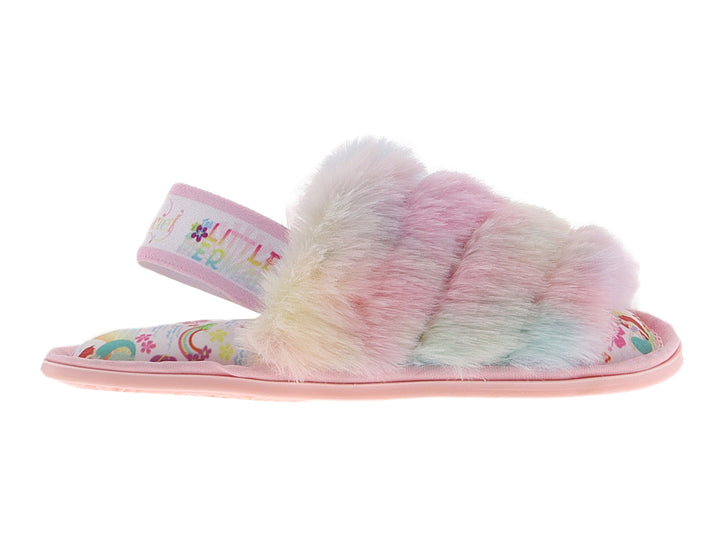 Pantufla para niña multicolor con textura peluda y suela rosa.