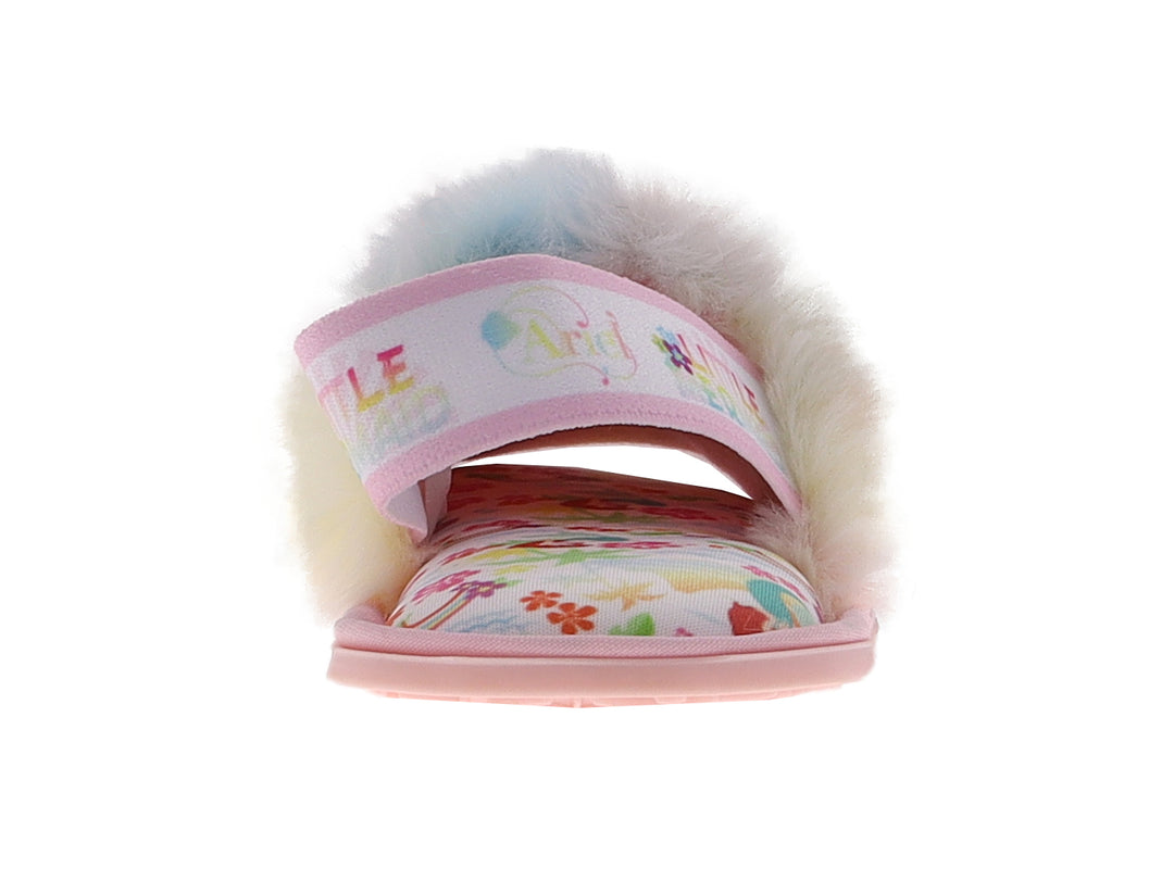 Pantufla para niña multicolor con textura peluda y suela rosa.