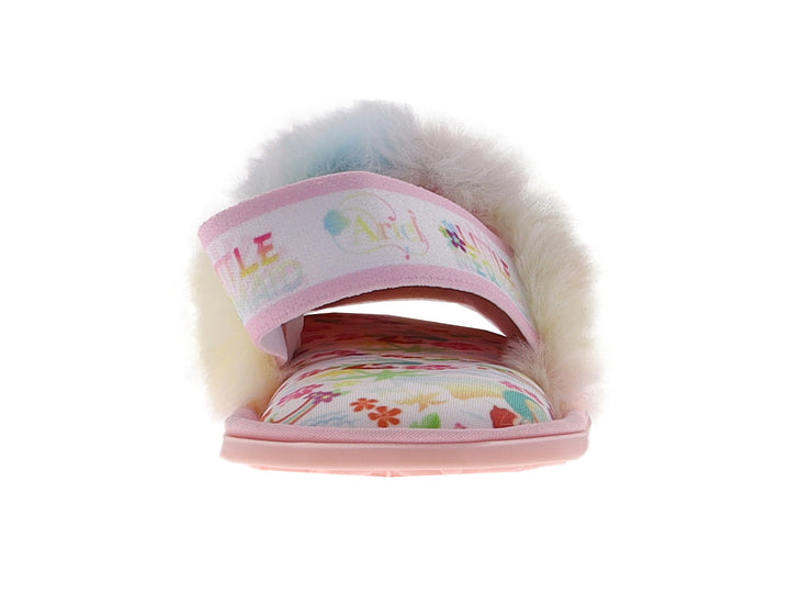 Pantufla para niña multicolor con textura peluda y suela rosa.
