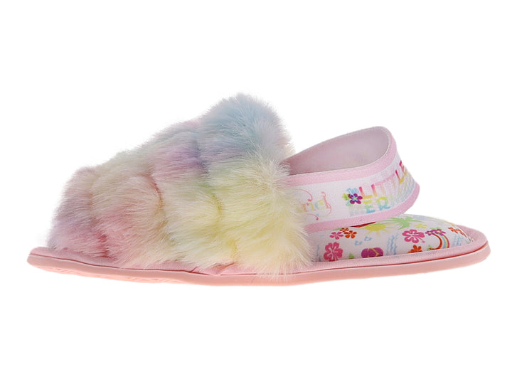 Pantufla para niña multicolor con textura peluda y suela rosa.