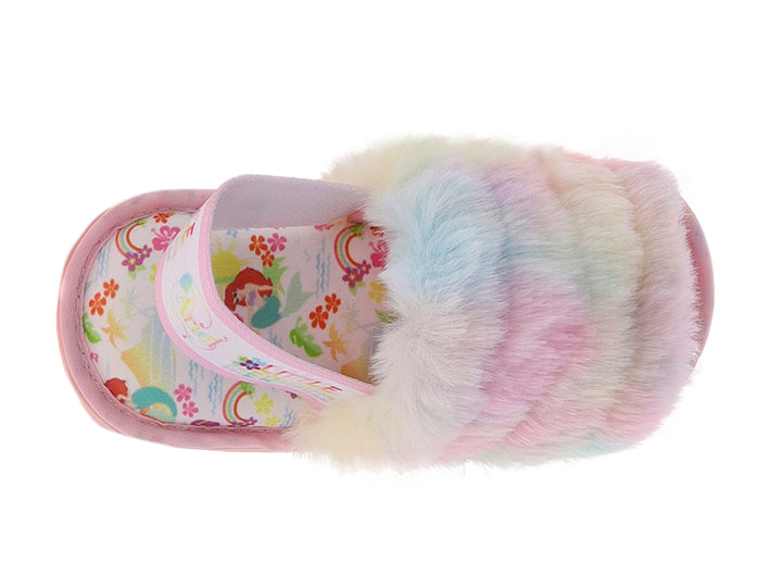 Pantufla para niña multicolor con textura peluda y suela rosa.