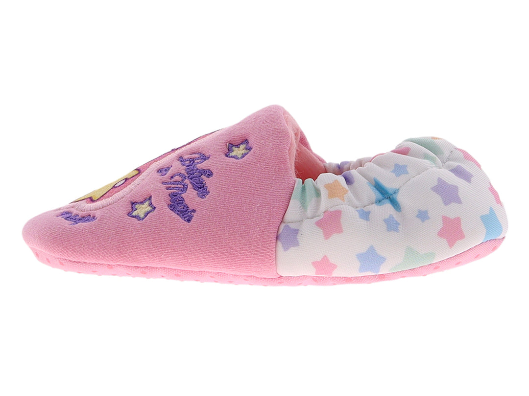Pantuflas rosas para niña con parche de unicornio y talón multicolor.