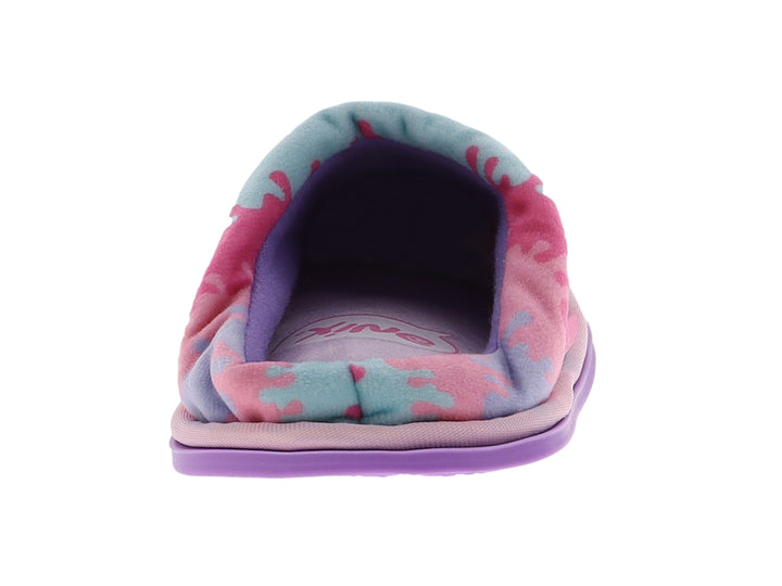 Pantuflas para niña con diseño multicolor en rosa y azul y suela lila.