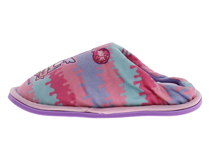 Pantuflas para niña con diseño multicolor en rosa y azul y suela lila.