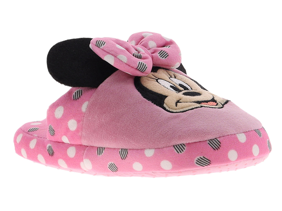 Pantuflas rosas de Minnie Mouse para niña con moño y lunares blancos.
