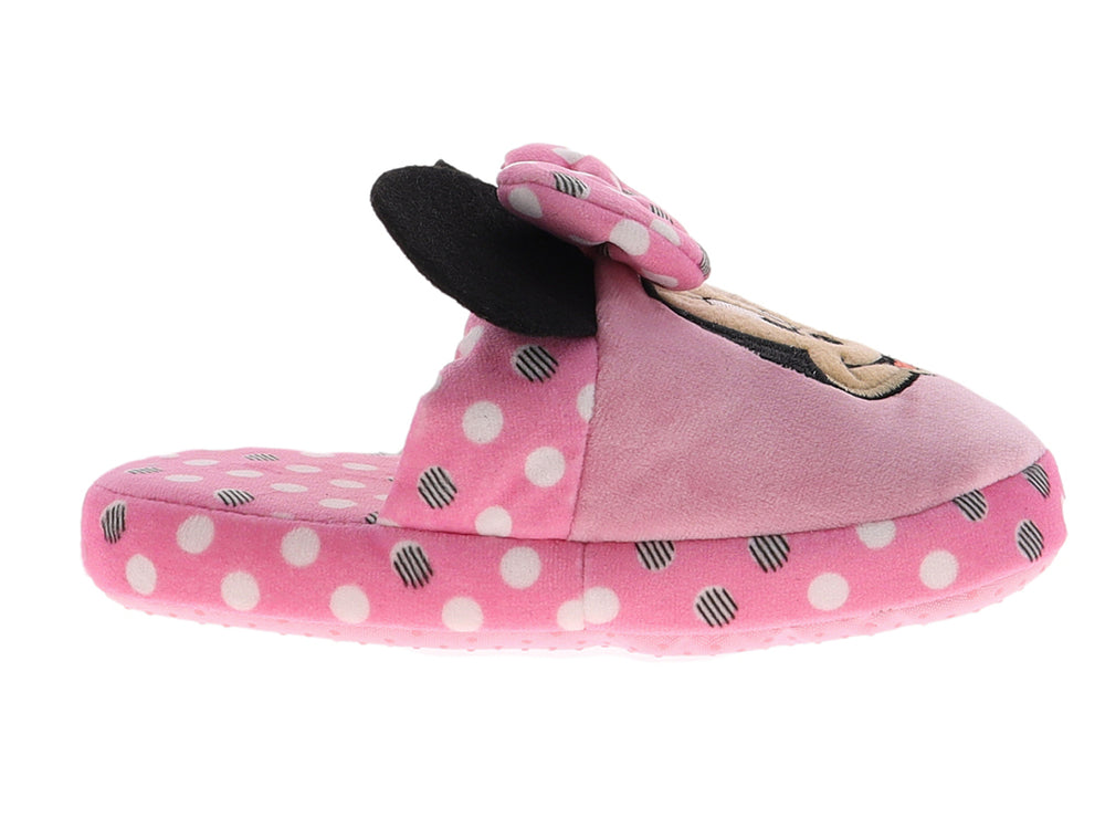 Pantuflas rosas de Minnie Mouse para niña con moño y lunares blancos.