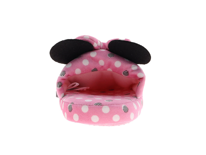 Pantuflas rosas de Minnie Mouse para niña con moño y lunares blancos.