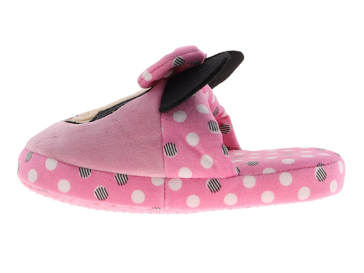 Pantuflas rosas de Minnie Mouse para niña con moño y lunares blancos.