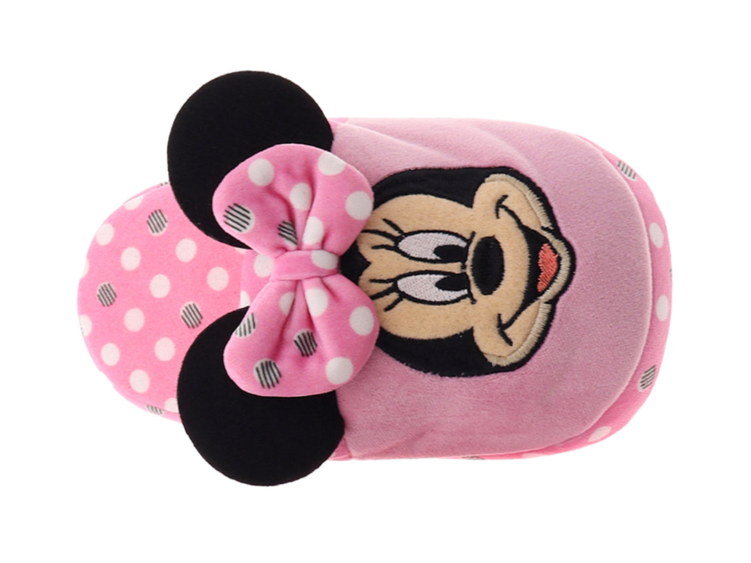 Pantuflas rosas de Minnie Mouse para niña con moño y lunares blancos.