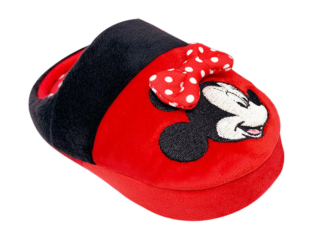 Pantuflas rojas y negras de Minnie Mouse para niña con un moño decorativo.