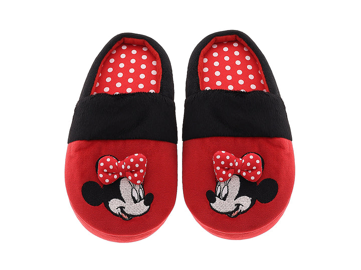 Pantuflas rojas y negras de Minnie Mouse para niña con un moño decorativo.