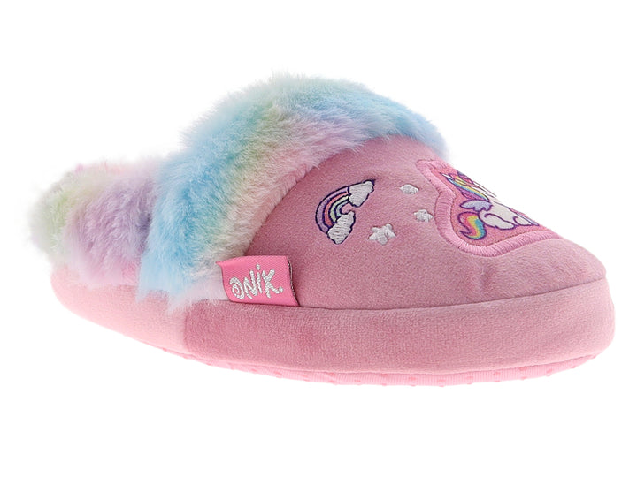 Pantuflas rosas para niña con borde de peluche multicolor y bordado de unicornio.