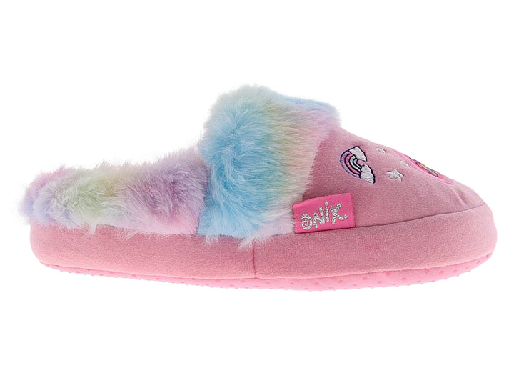 Pantuflas rosas para niña con borde de peluche multicolor y bordado de unicornio.