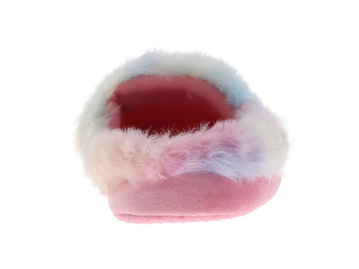 Pantuflas rosas para niña con borde de peluche multicolor y bordado de unicornio.