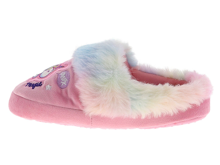 Pantuflas rosas para niña con borde de peluche multicolor y bordado de unicornio.