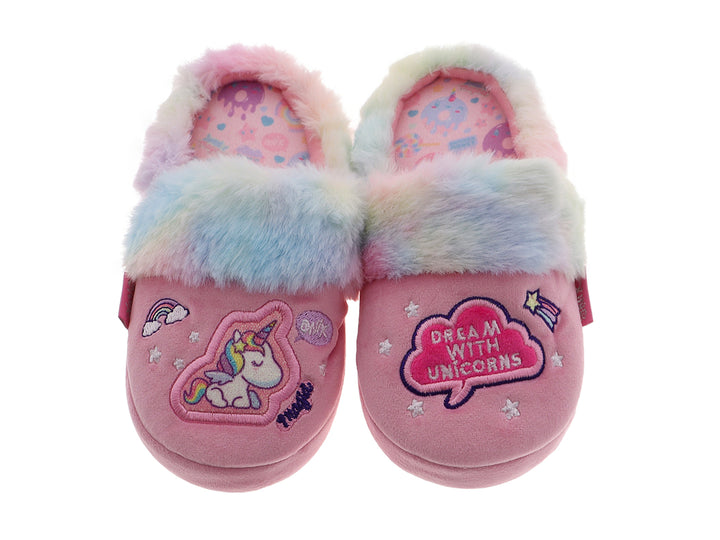 Pantuflas rosas para niña con borde de peluche multicolor y bordado de unicornio.