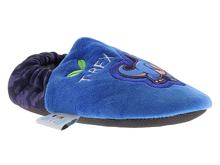 Pantuflas azules para niño con diseño de dinosaurio T-Rex y suela gris.