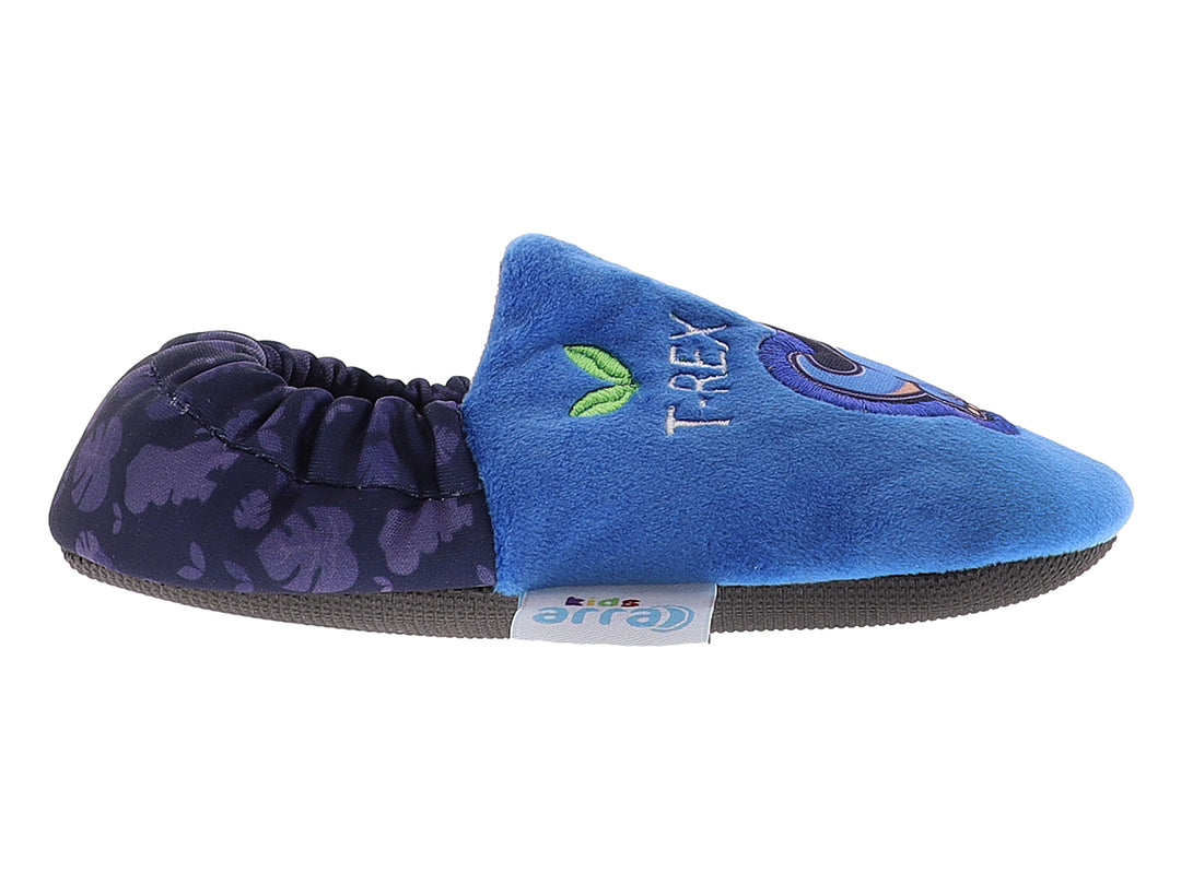 Pantuflas azules para niño con diseño de dinosaurio T-Rex y suela gris.