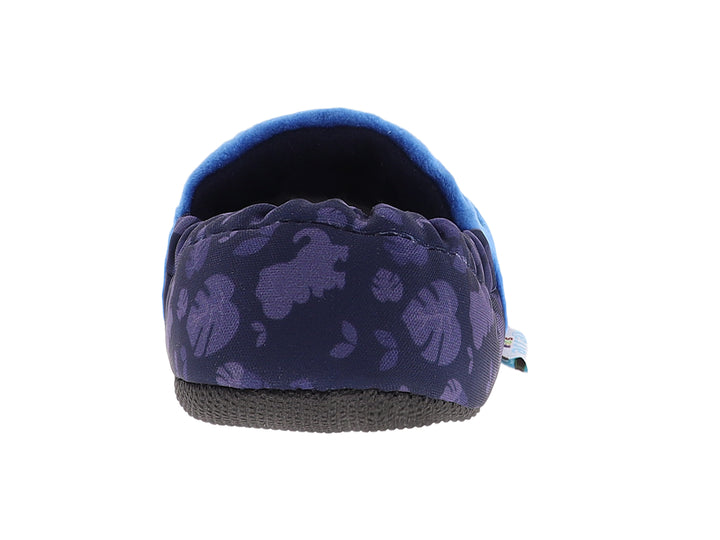Pantuflas azules para niño con diseño de dinosaurio T-Rex y suela gris.