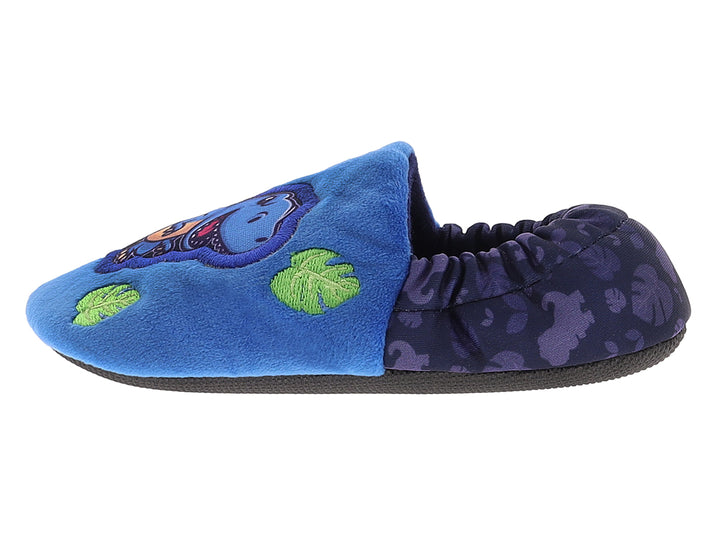 Pantuflas azules para niño con diseño de dinosaurio T-Rex y suela gris.