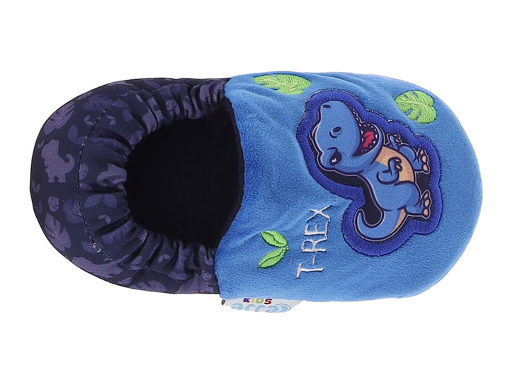 Pantuflas azules para niño con diseño de dinosaurio T-Rex y suela gris.