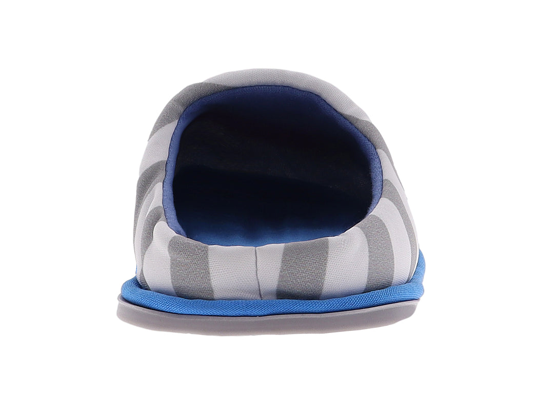 Pantufla para niño con diseño de rayas blancas y grises, suela azul y estampado de Rayo McQueen.