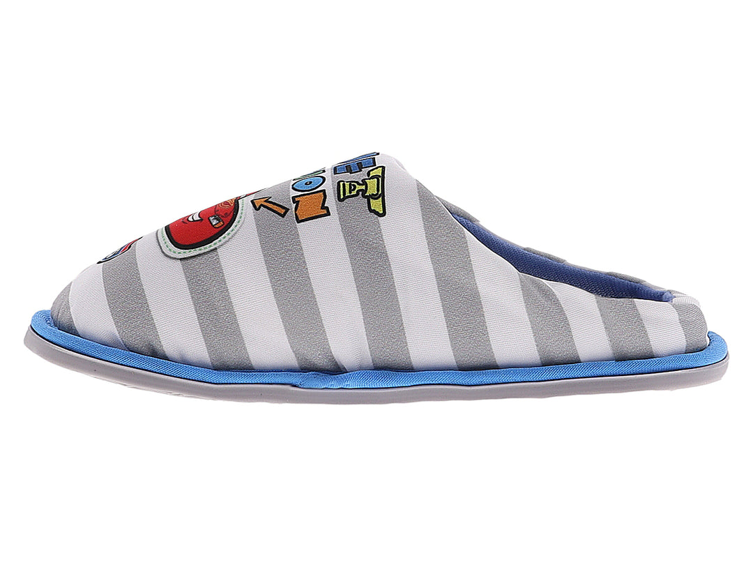 Pantufla para niño con diseño de rayas blancas y grises, suela azul y estampado de Rayo McQueen.
