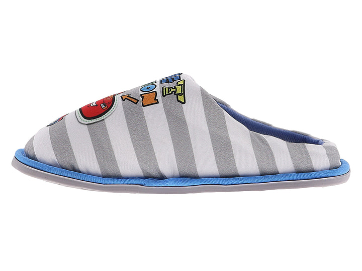 Pantufla para niño con diseño de rayas blancas y grises, suela azul y estampado de Rayo McQueen.