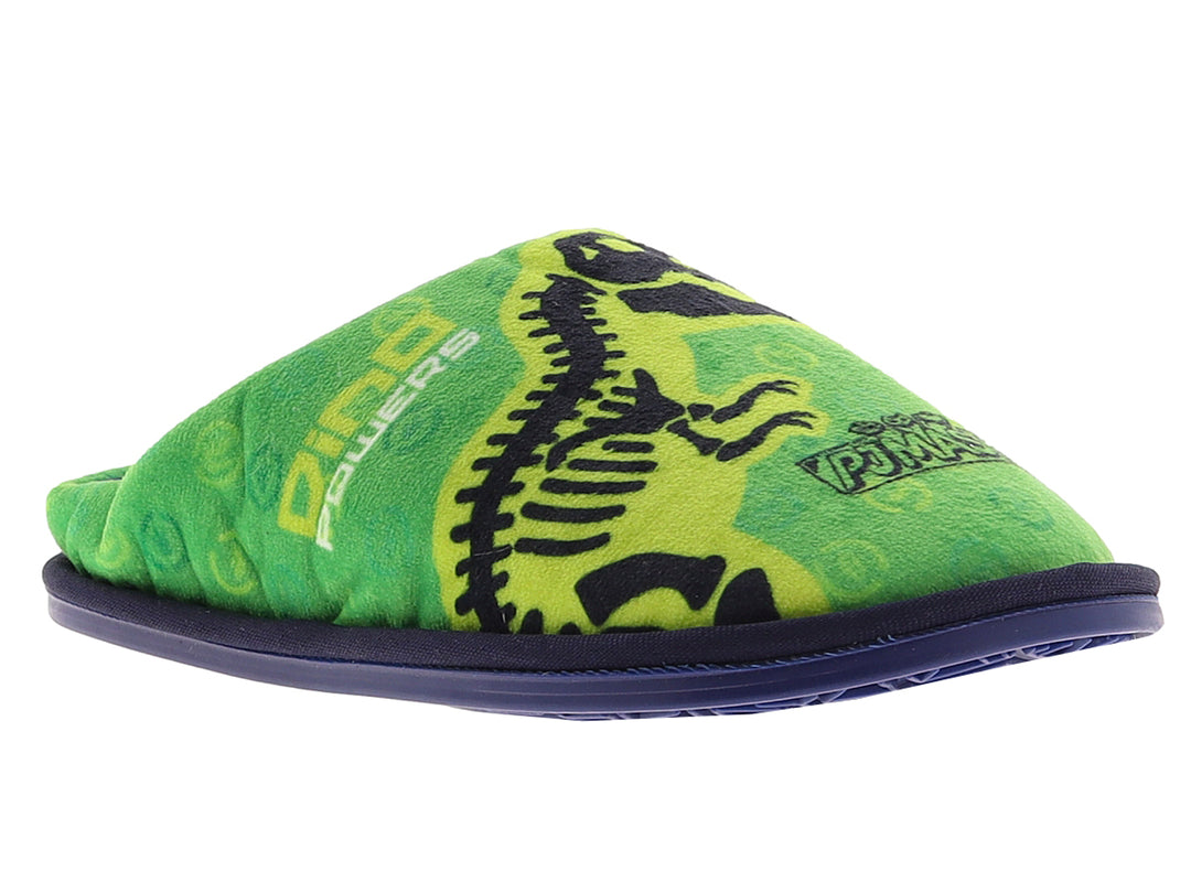 Pantufla verde para niño con diseño de PJ Masks y suela azul oscuro.