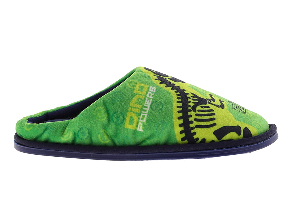 Pantufla verde para niño con diseño de PJ Masks y suela azul oscuro.