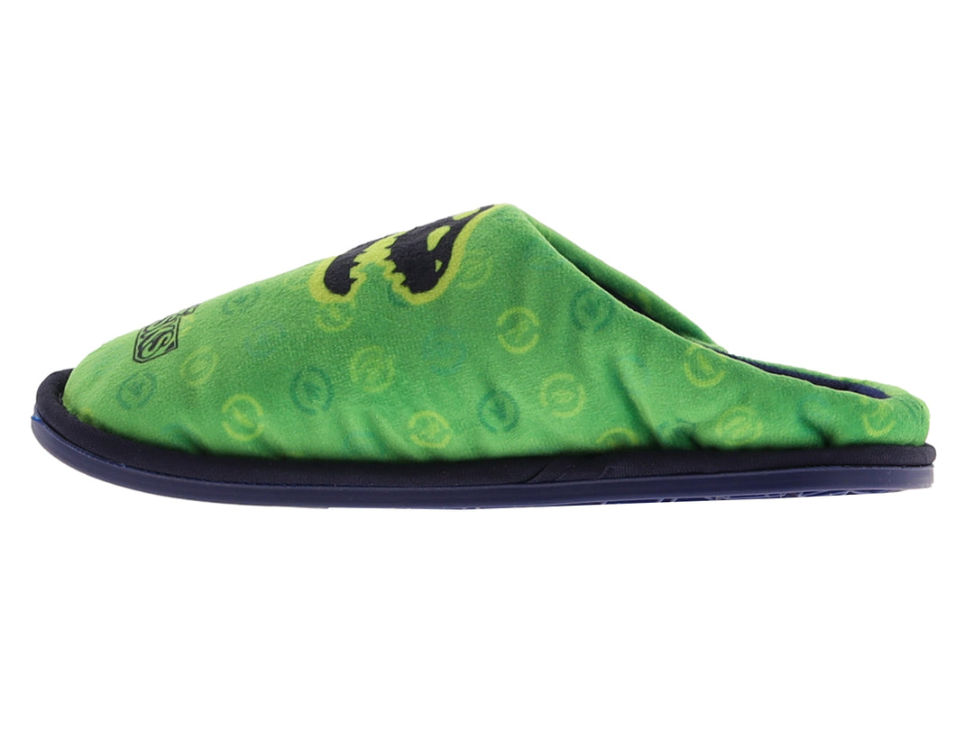 Pantufla verde para niño con diseño de PJ Masks y suela azul oscuro.