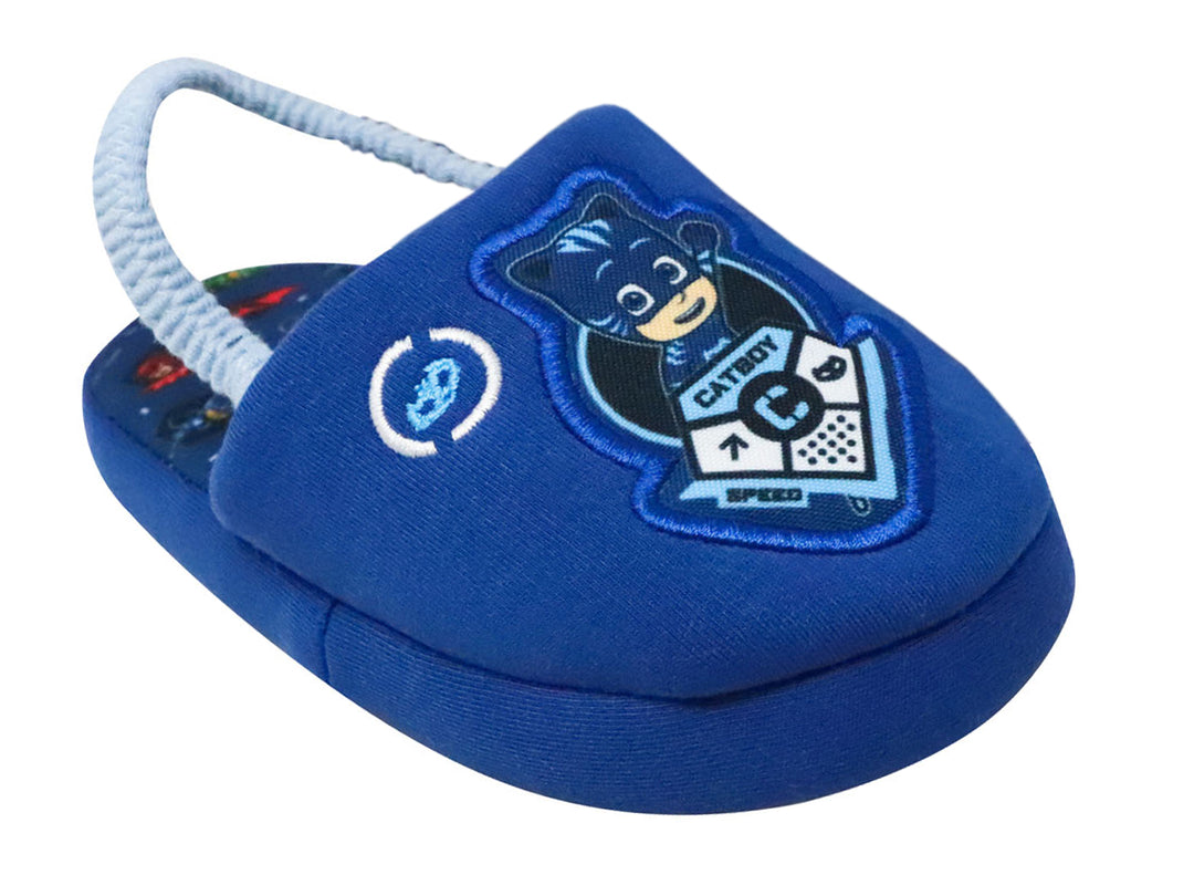 Pantufla azul de peluche para niño con diseño de Catboy de PJ Masks y asa de transporte.